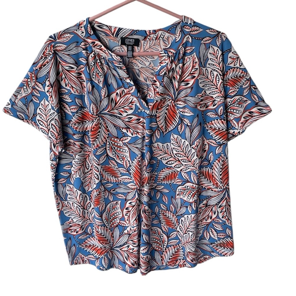 JONES NEW YORK WOMENS V-NECK LEAF DESIGN SHORT SLEEVE BLOUSE SIZE XL